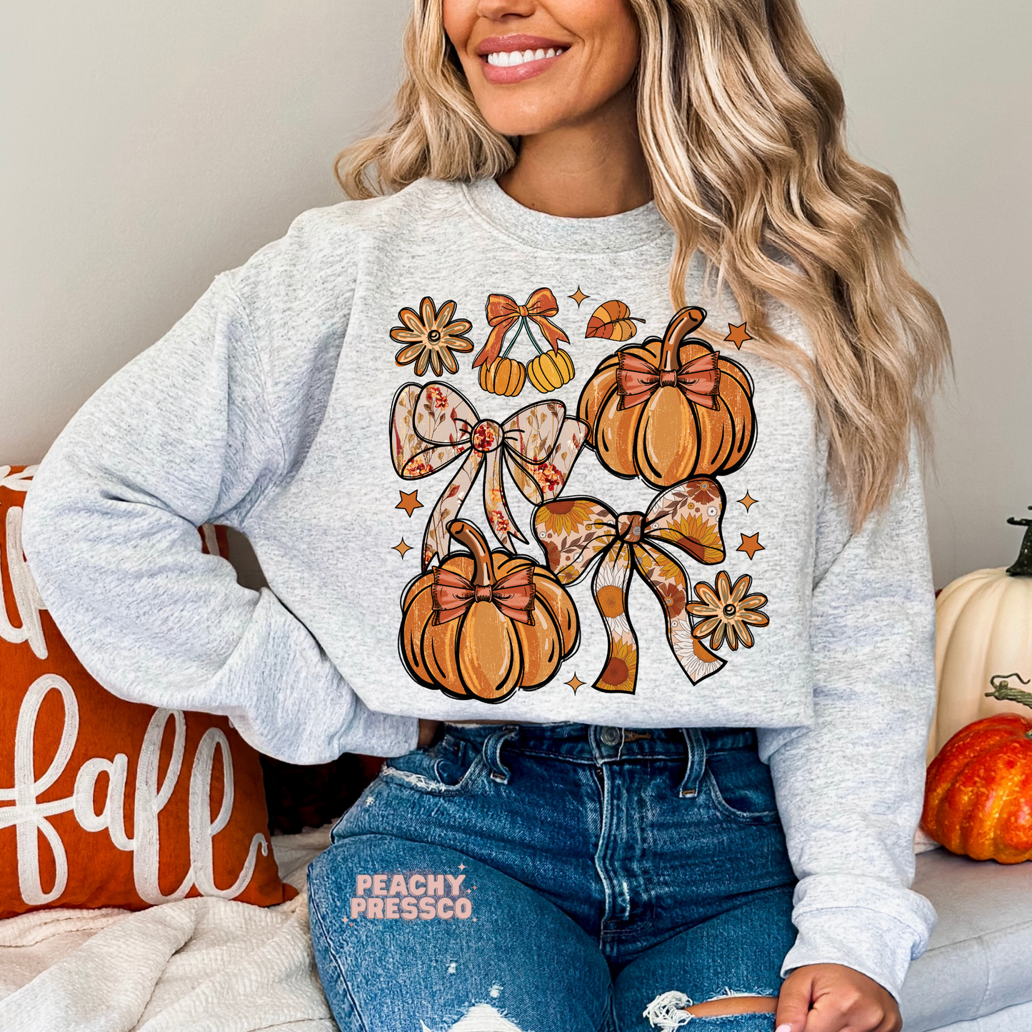 Pumpkin & Bow Cozy Fall Sweatshirt | Retro Autumn Aesthetic, Fall Apparel
