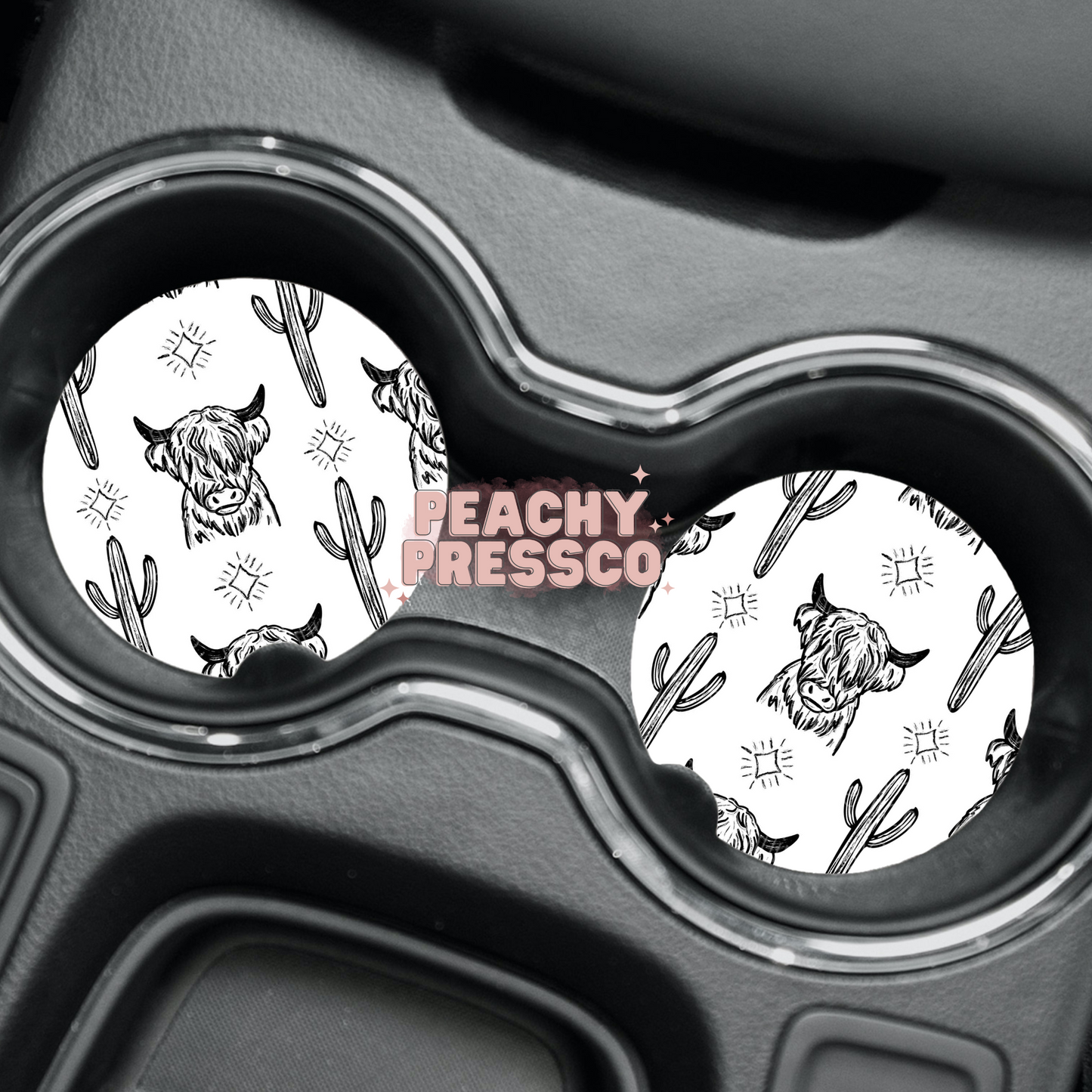 Highland Cow & Cactus Car Coasters – Western Boho Set