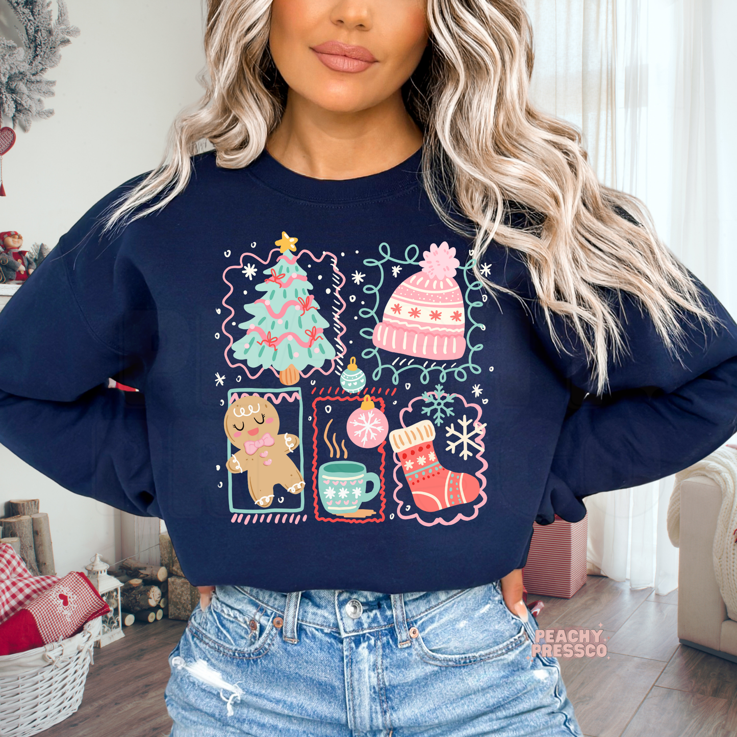 Cozy Christmas Icons Sweatshirt – Gingerbread, Cocoa & Cheer Apparel