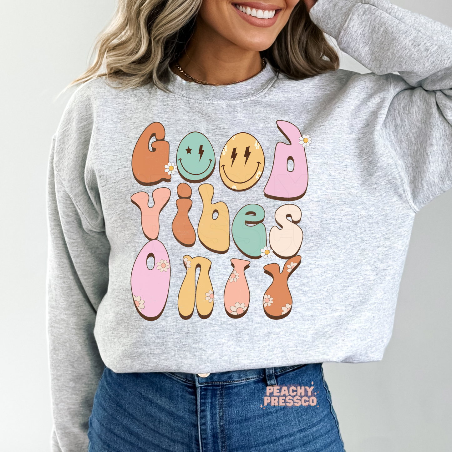 Good Vibes Only T-Shirt – Retro Pastel Typography with Smileys, Cute Positive Graphic Apparel