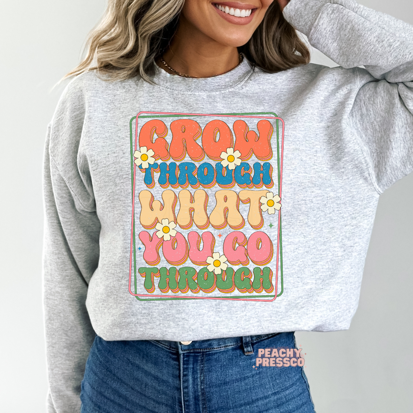 Grow Through What You Go Through T-Shirt – Motivational Flower Graphic, Positive Retro Style