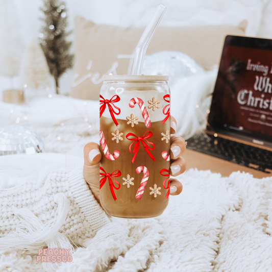 Candy Cane Christmas Glass Cup with Red Bows – Festive Holiday Drink Cup 16oz