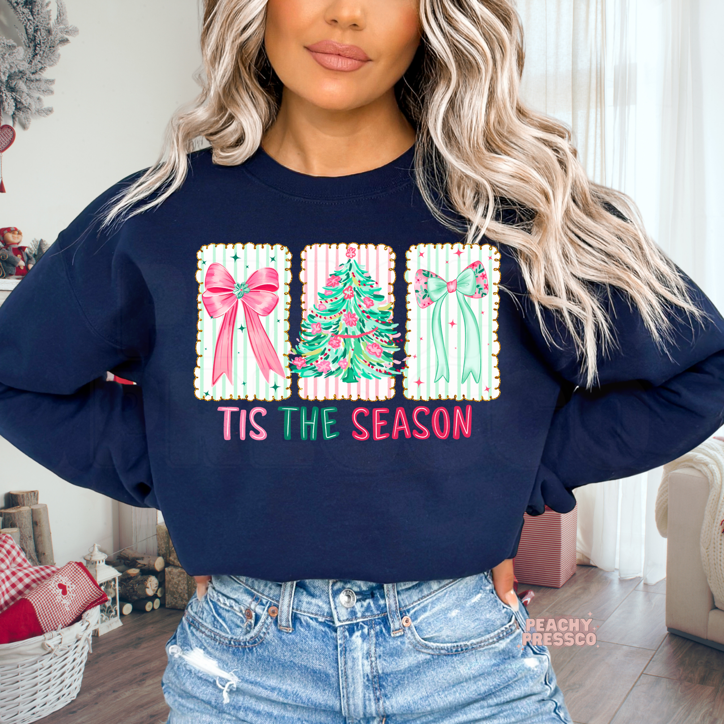 Tis The Season Christmas Cookies Shirt | Cute Pink Bow & Tree Holiday Apparel