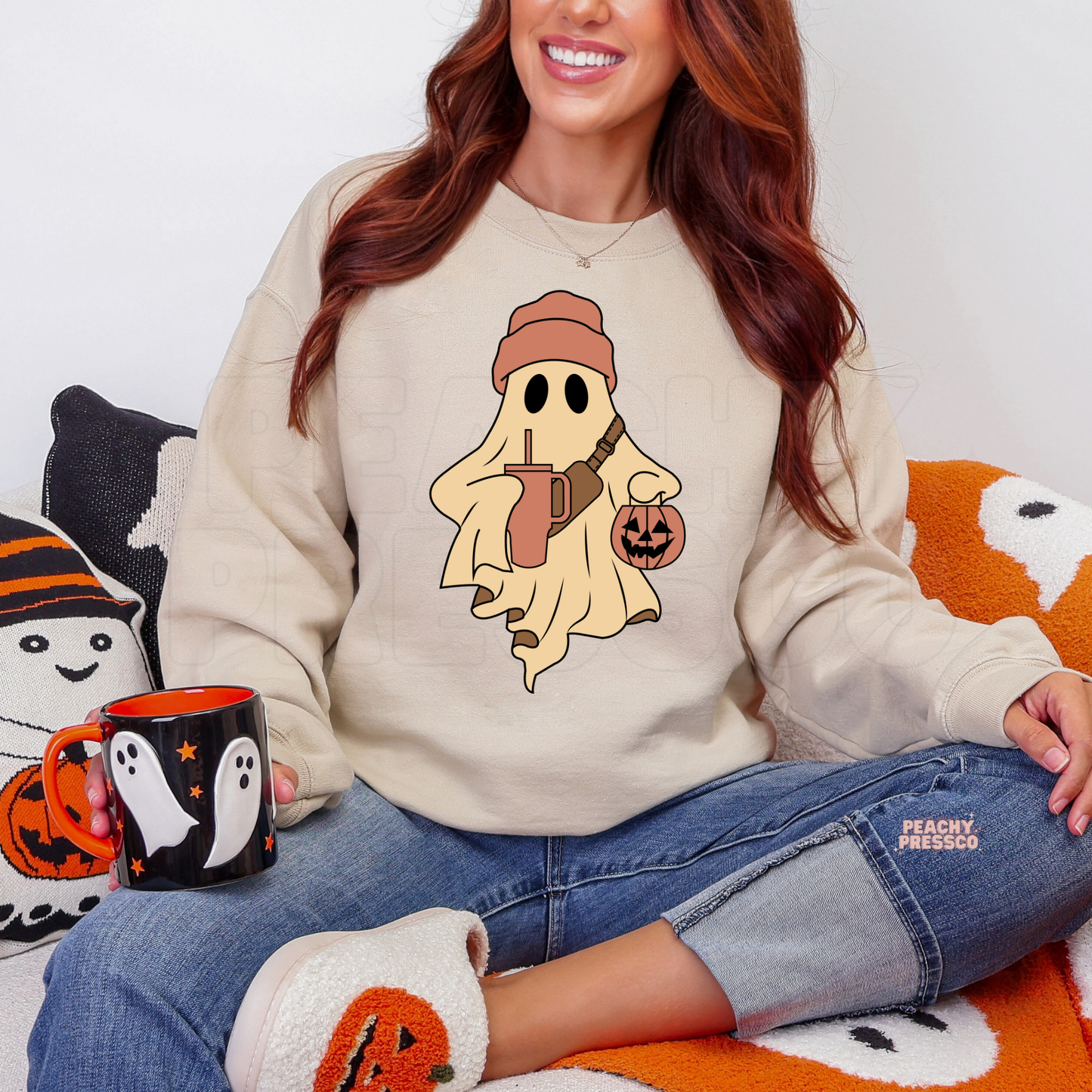 Ghost with Pumpkin & Drink Shirt | Cute Halloween Graphic Crewneck, Apparel