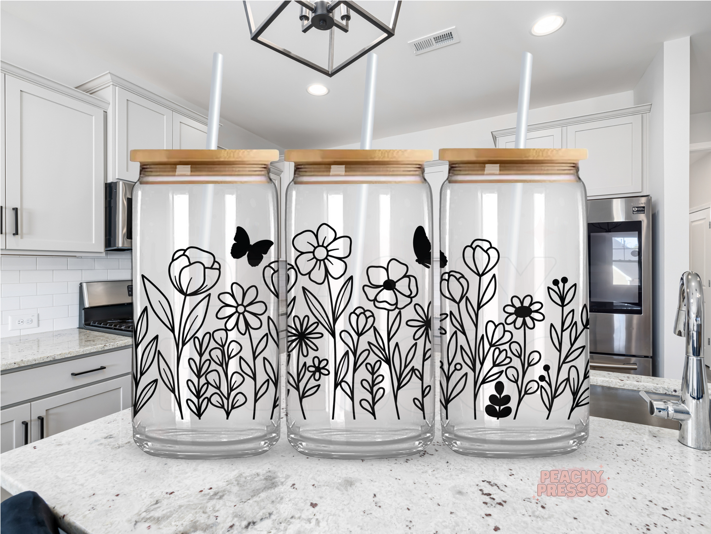Black Line Art Flower, Minimalist Floral Glass Can Cup