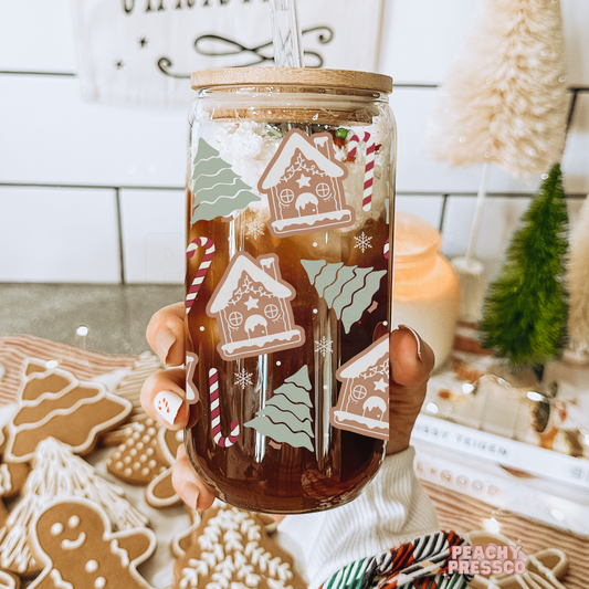 Gingerbread House Christmas Glass Cup – Holiday Candy Cane & Tree Design 16oz