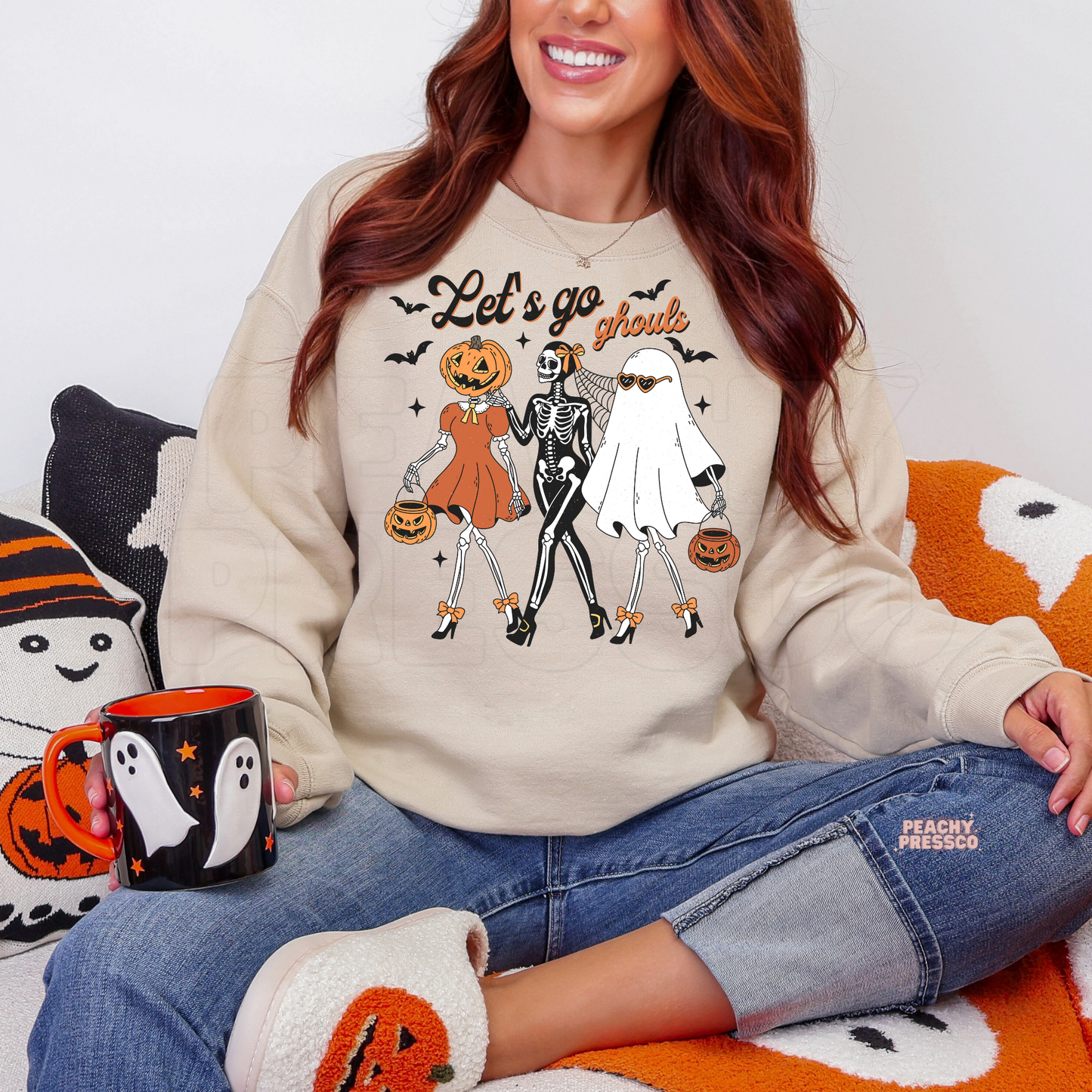 Let's go ghouls | Cute Halloween Crew Graphic Shirt | Skeleton, Pumpkin & Ghost Apparel