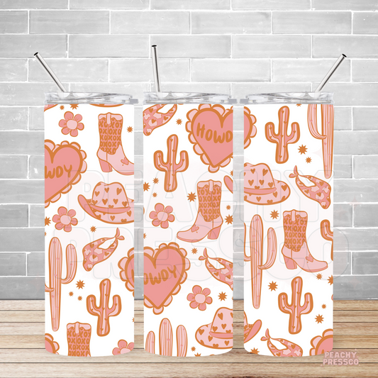 Howdy Western Tumbler – Pink Cow Girl Boots, Cactus & Cow Boy Hat Design