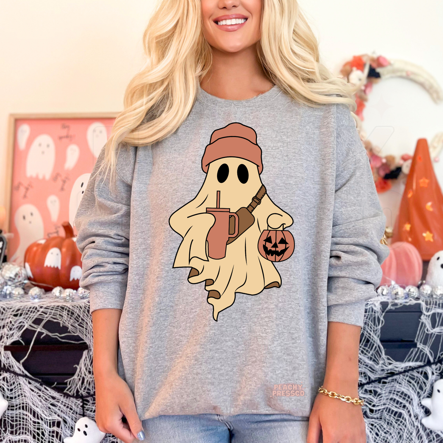 Ghost with Pumpkin & Drink Shirt | Cute Halloween Graphic Crewneck, Apparel