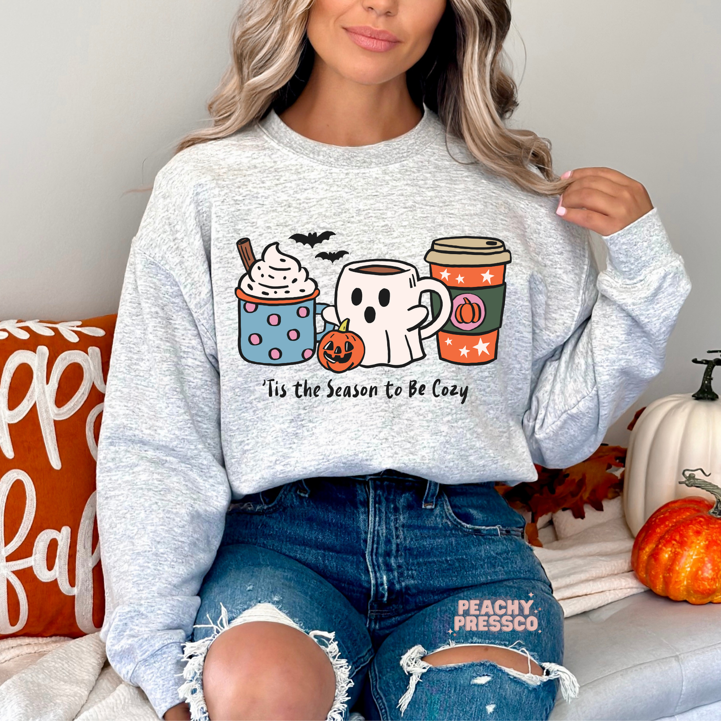 Tis the Season to Be Cozy Sweatshirt – Cute Fall Ghost Mug Graphic, Fall Apparel