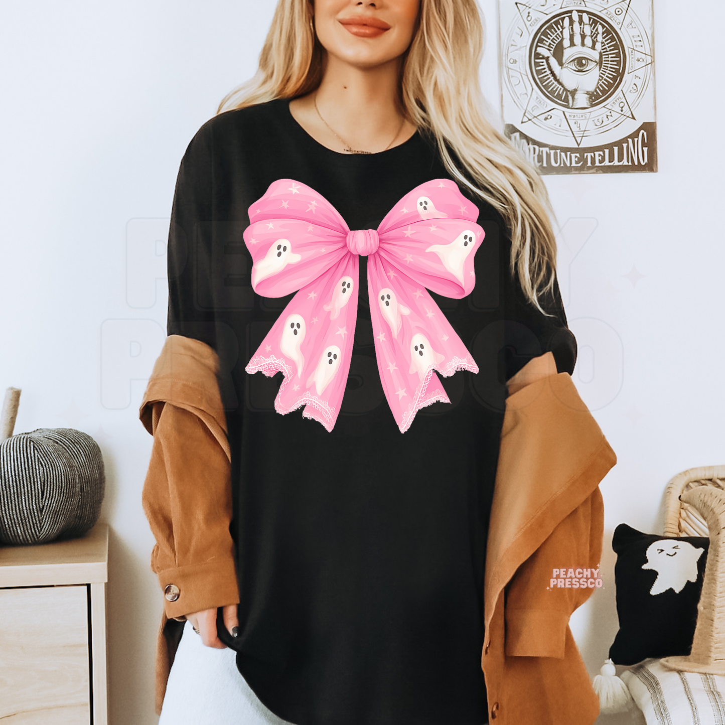 Pink Bow Ghost Graphic Shirt | Cute Halloween Crewneck, Apparel