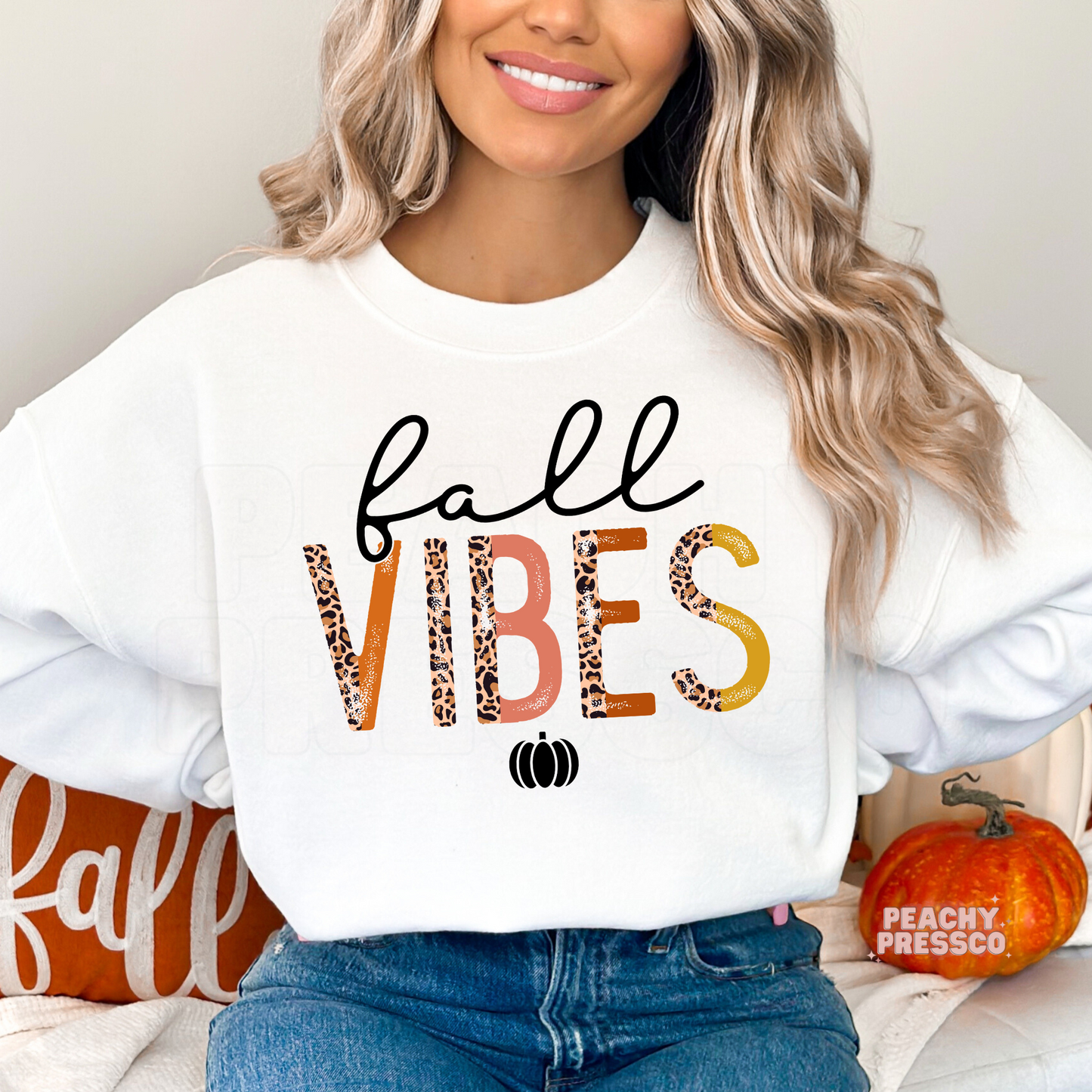 Fall Vibes Script Sweatshirt – Animal Print Lettering, Pumpkin Apparel