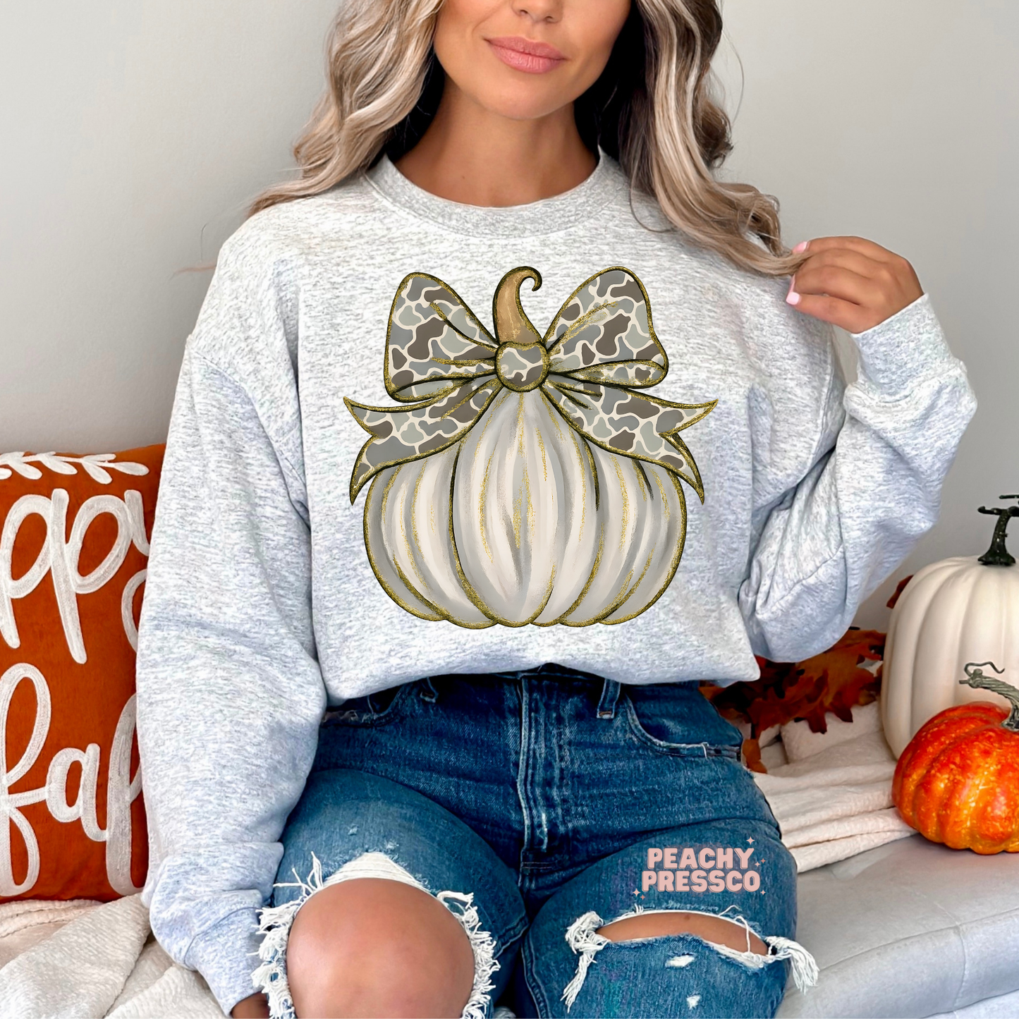 Pumpkin with Camo Bow | Neutral Fall Apparel