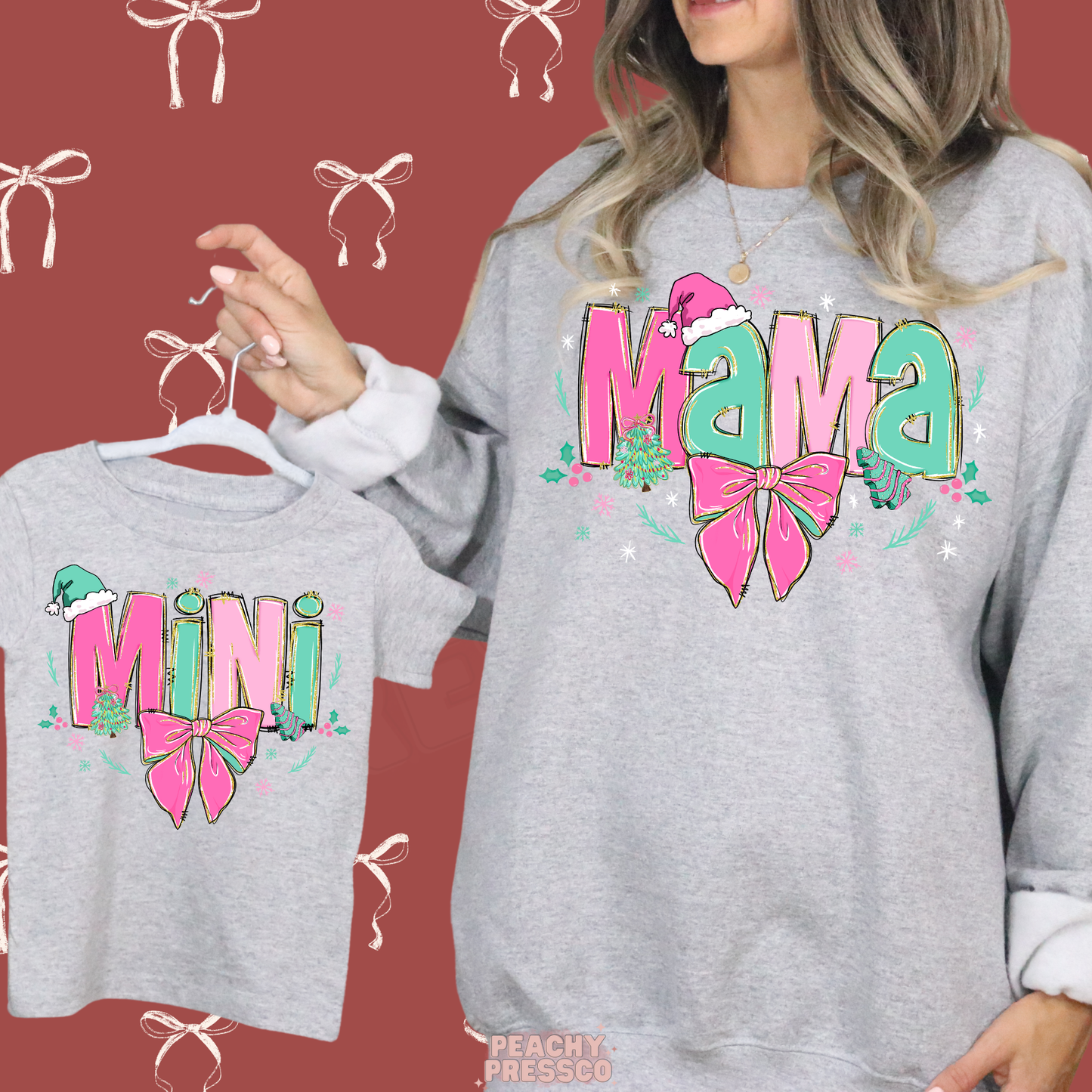 Cute Pink Bow Mama & Mini Christmas Sweatshirts | Matching Holiday Mom and Daughter, Apparel