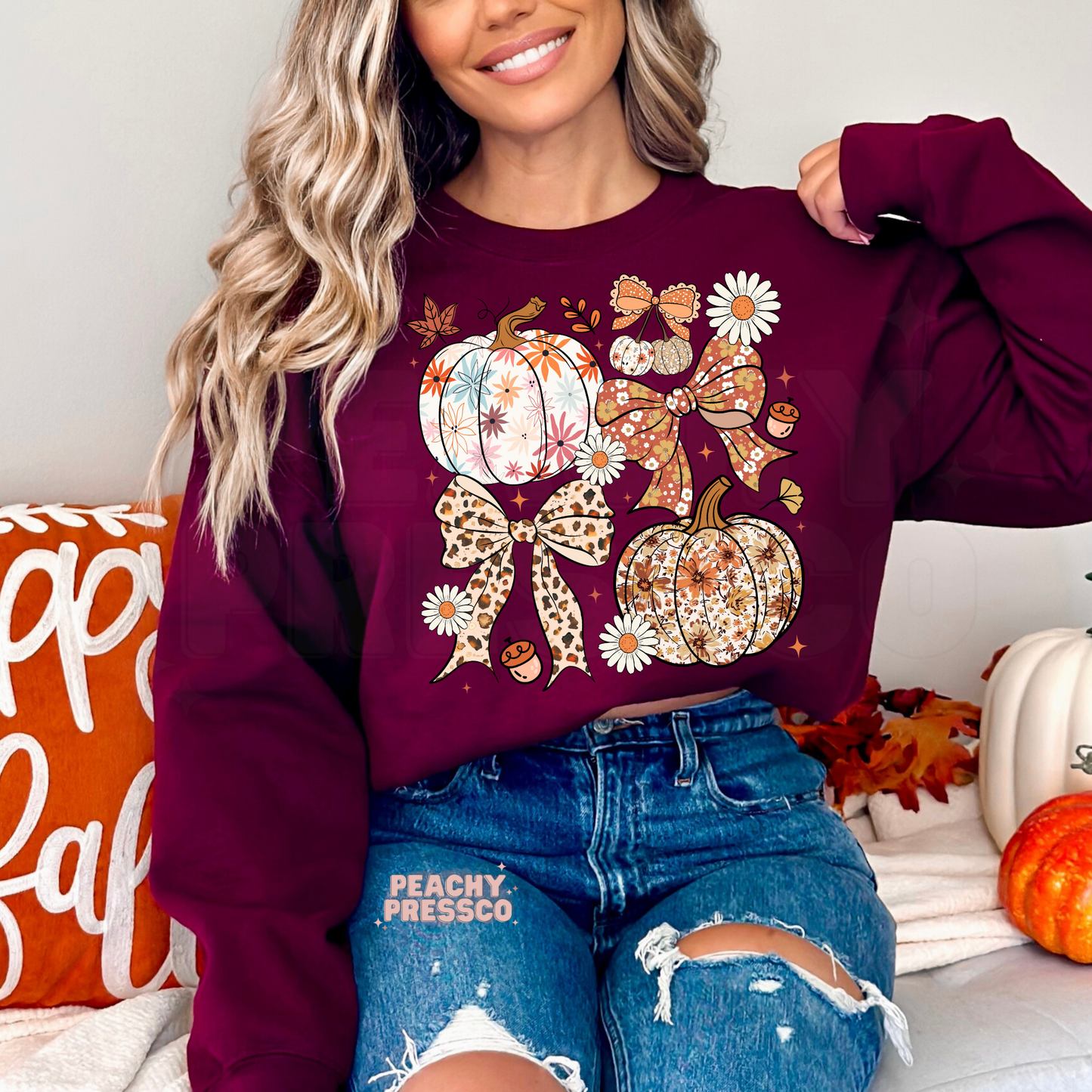 Fall Pumpkins & Bows Sweatshirt, Cute Autumn Apparel