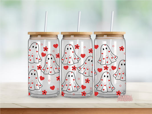 Love Ghost Glass Cup – 16oz Spooky Cute Valentine Tumbler with Hearts & Flowers