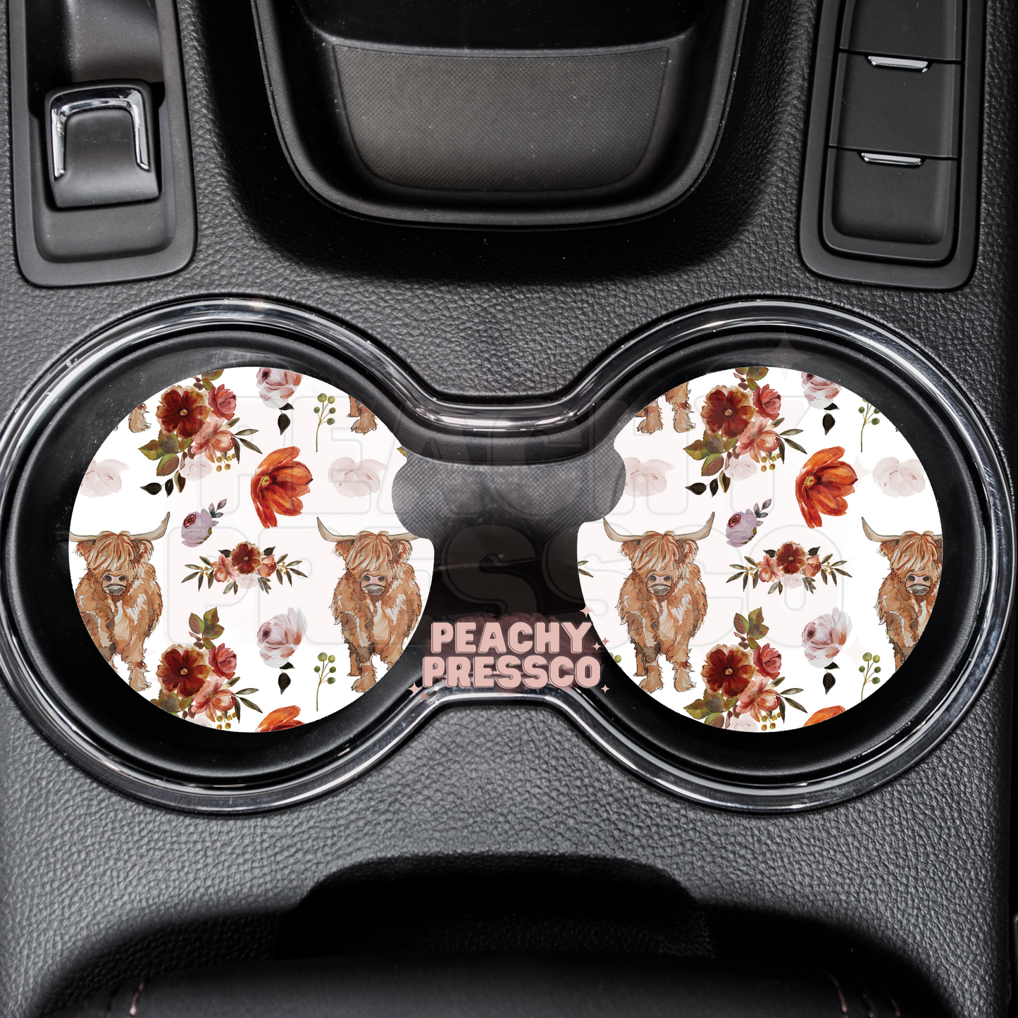 Floral Highland Cow Car Coasters – Cute Western Cow Set