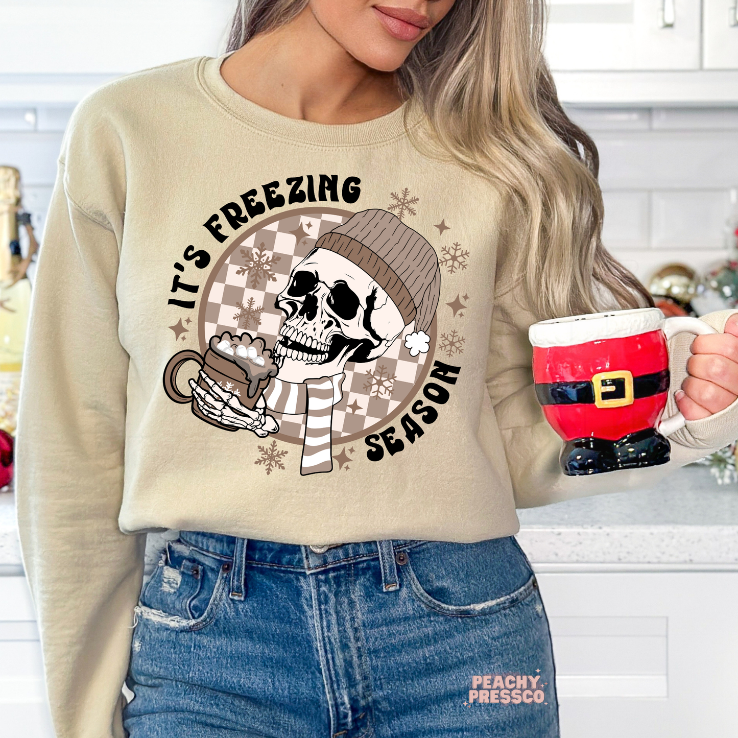 It’s Freezing Season Sweatshirt | Cozy Winter Skull & Cocoa, Holiday Apparel