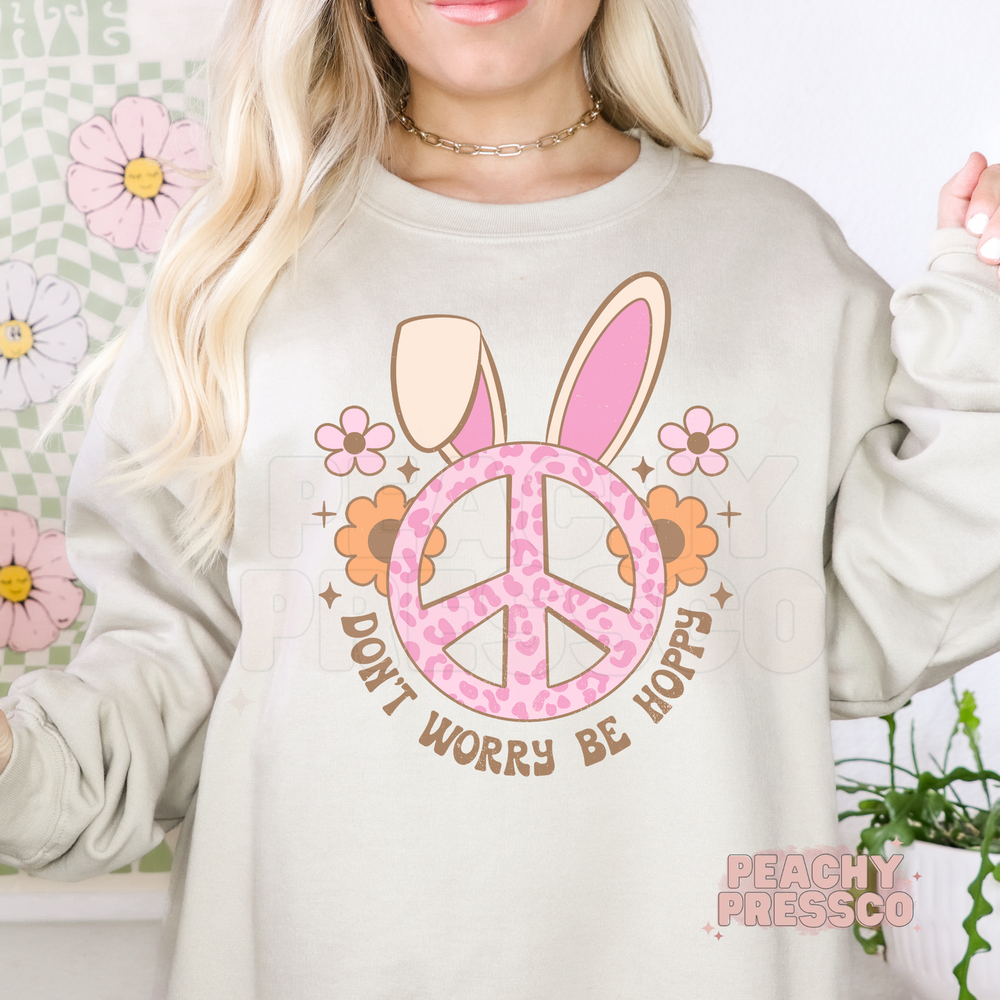 Don’t Worry Be Hoppy Bunny Shirt – Retro Easter Peace Sign Apparel