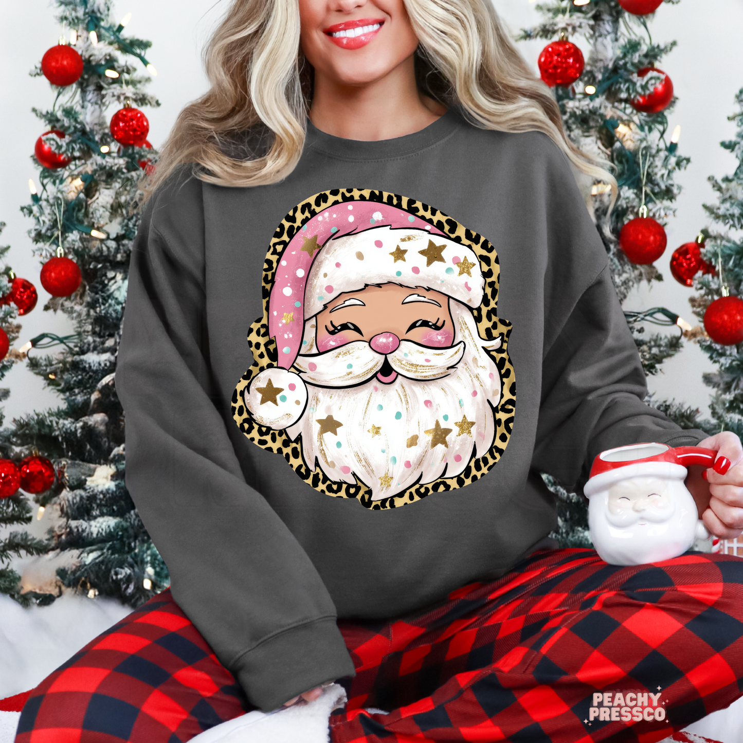 Pink Leopard Santa Face Christmas Shirt, Holiday Apparel