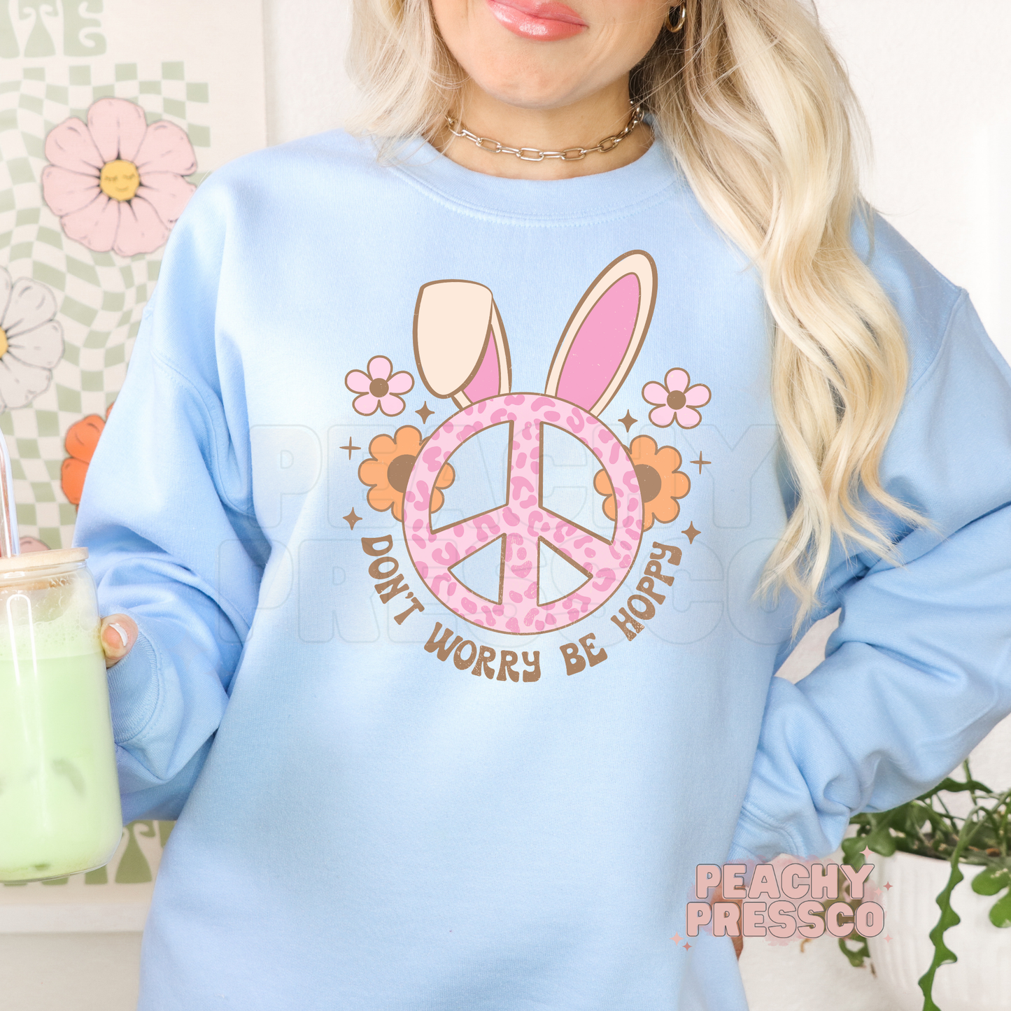 Don’t Worry Be Hoppy Bunny Shirt – Retro Easter Peace Sign Apparel