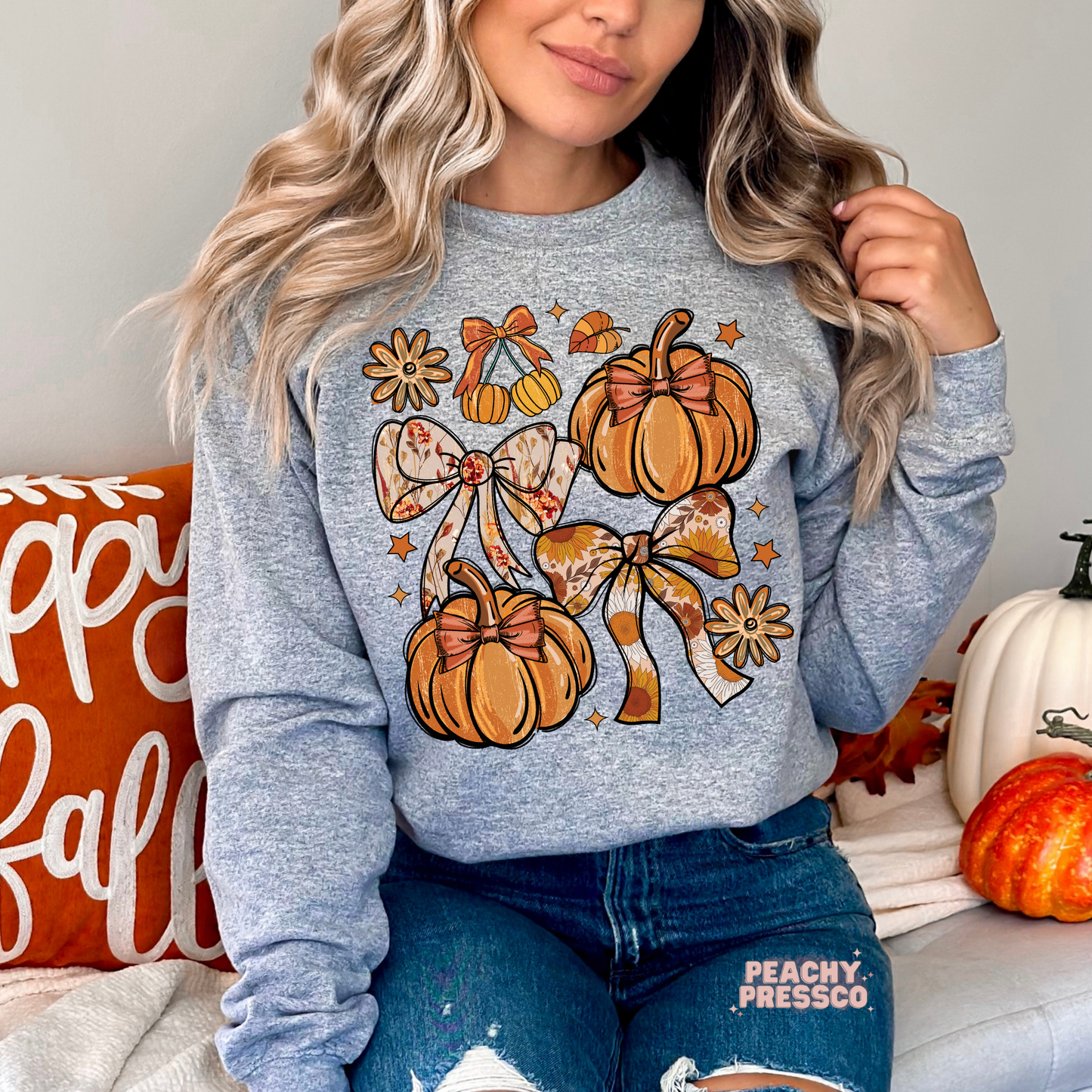 Pumpkin & Bow Cozy Fall Sweatshirt | Retro Autumn Aesthetic, Fall Apparel