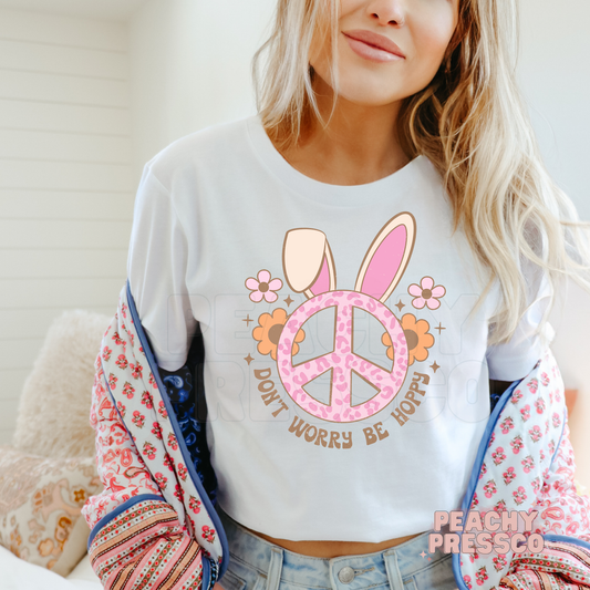 Don’t Worry Be Hoppy Bunny Shirt – Retro Easter Peace Sign Apparel