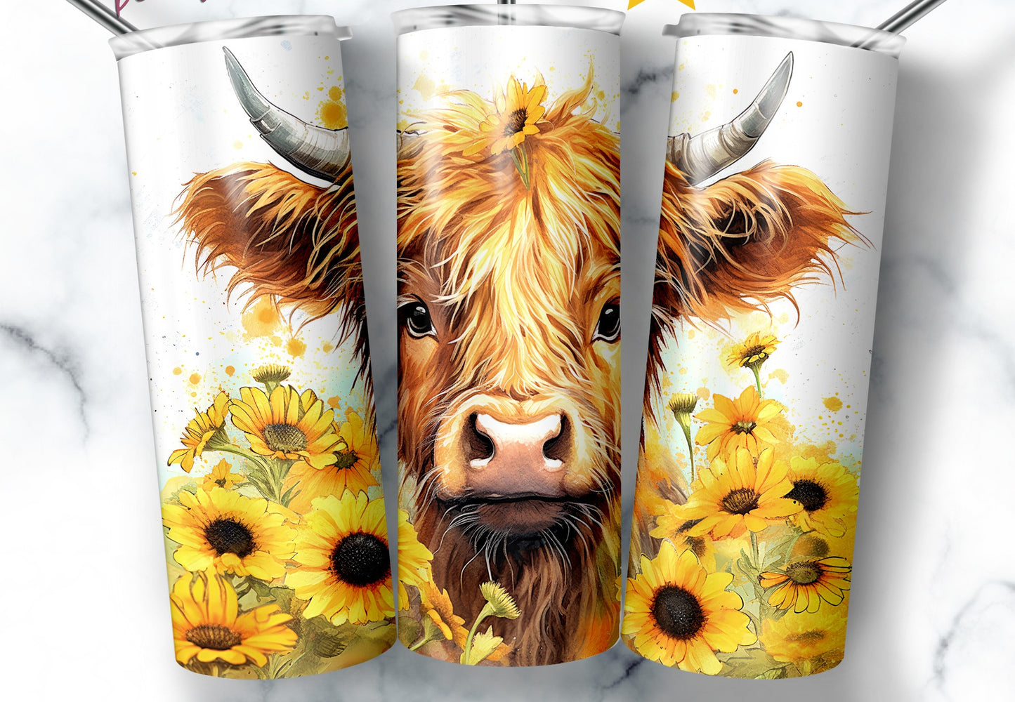 20oz Highland Cow Floral Tumbler with Sunflowers
