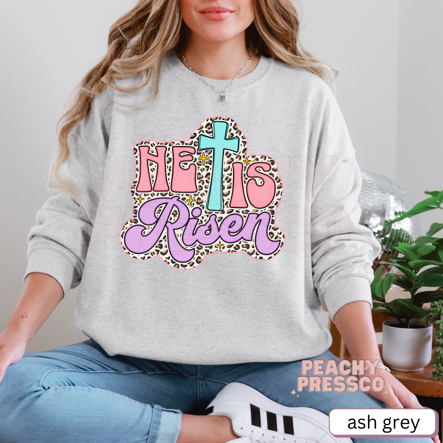 He Is Risen Leopard Print Cross T-Shirt – Pastel Christian Apparel, Retro Script