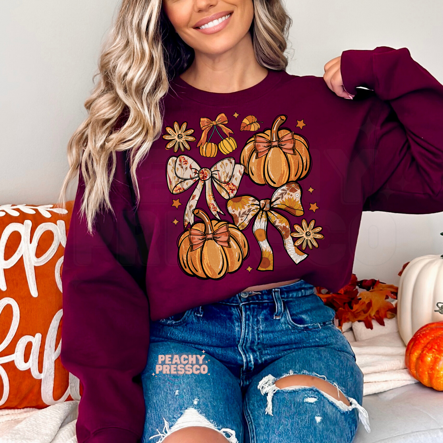 Pumpkin & Bow Cozy Fall Sweatshirt | Retro Autumn Aesthetic, Fall Apparel