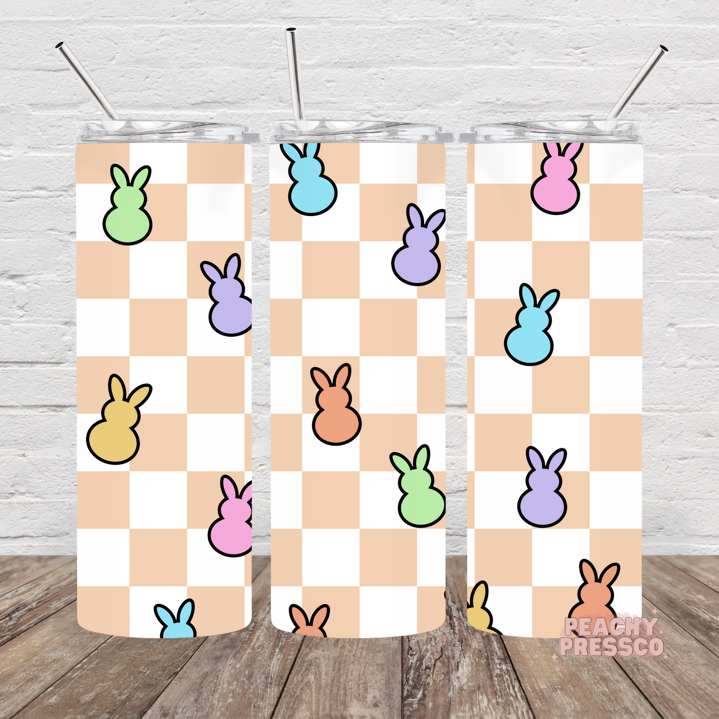 Pastel Bunny Checker Tumbler – Cute Retro Easter Drinkware