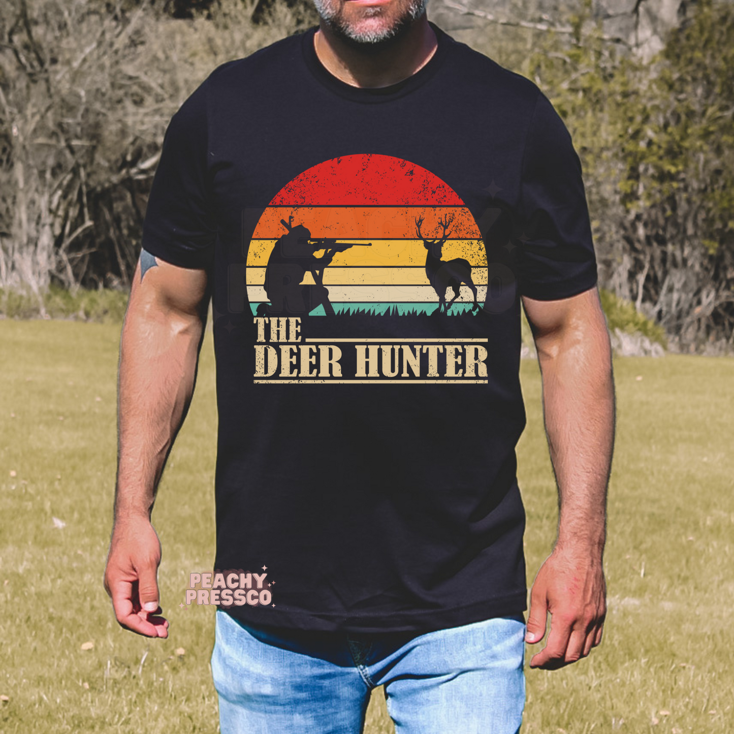 The Deer Hunter Vintage Sunset T-Shirt – Hunting Silhouette Apparel for Outdoorsmen