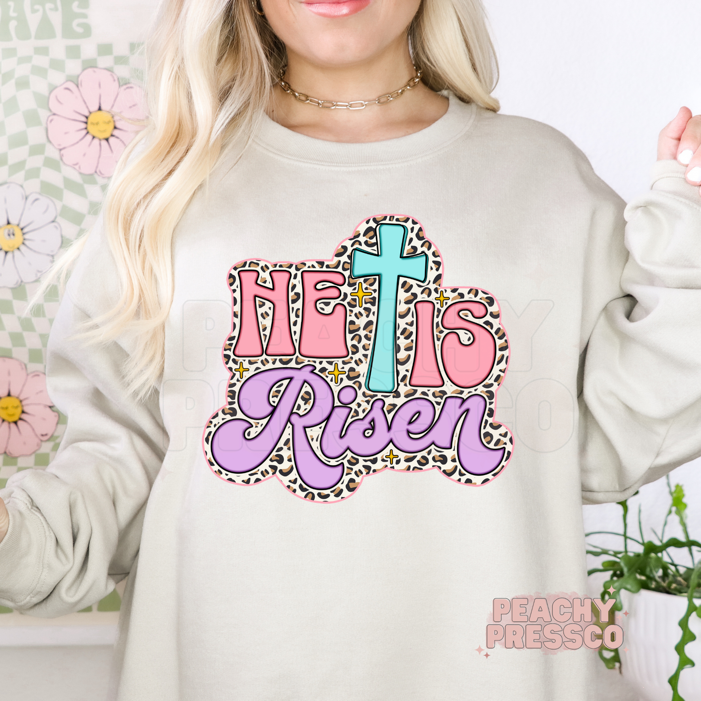 He Is Risen Leopard Print Cross T-Shirt – Pastel Christian Apparel, Retro Script