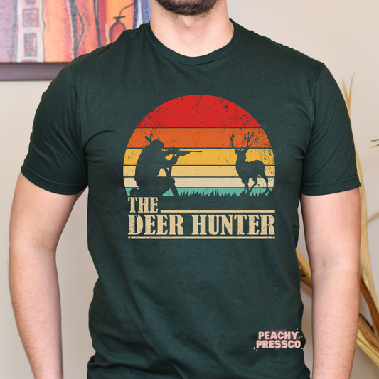 The Deer Hunter Vintage Sunset T-Shirt – Hunting Silhouette Apparel for Outdoorsmen
