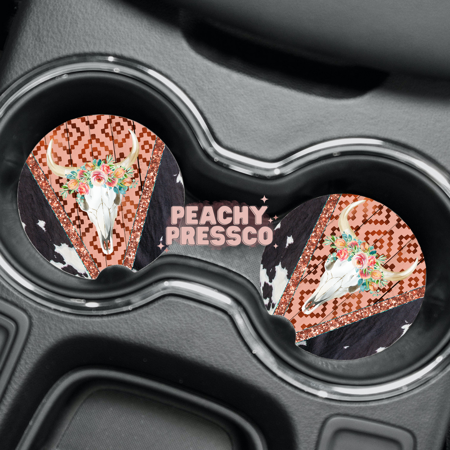 Boho Western Cow Skull Car Coaster – Floral Aztec Cow Print