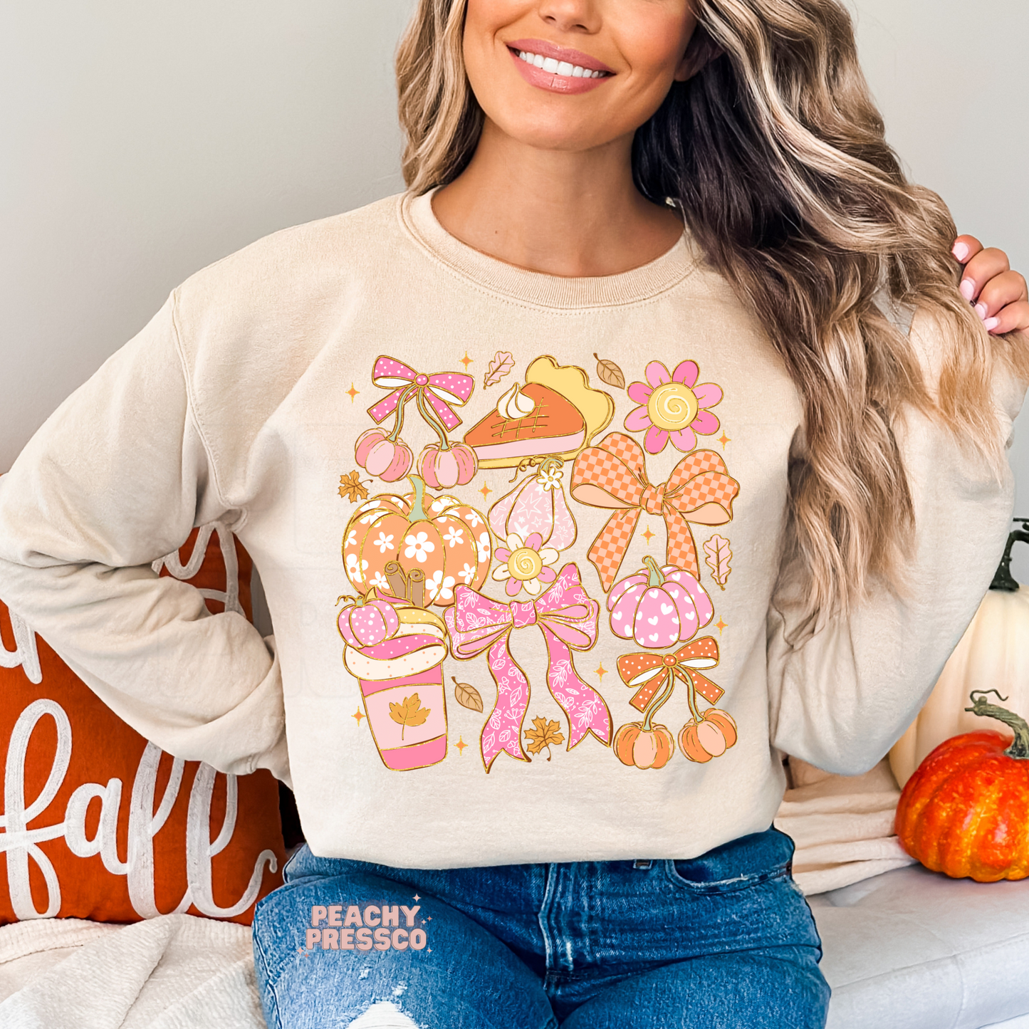 Cute Fall Pumpkin Bows Graphic Shirt – Autumn Aesthetic Apparel