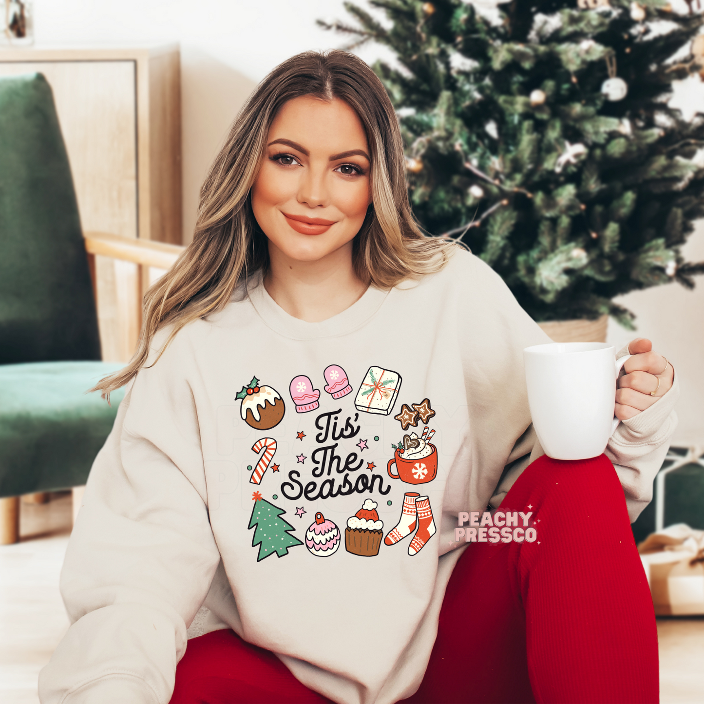 Tis the Season Cozy Christmas Sweatshirt – Holiday Treats & Festive Icons