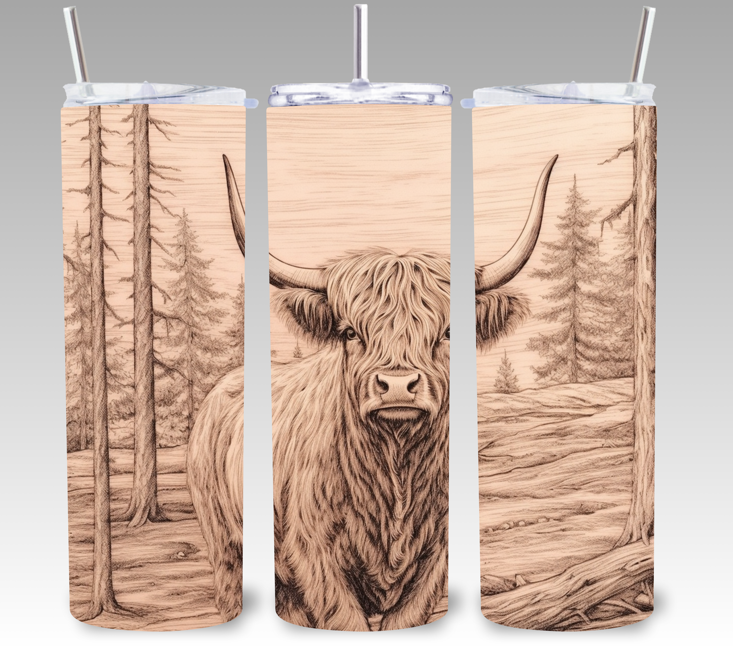 Wood Burn Effect Highland Cow Tumbler – Rustic Western Cow Cup