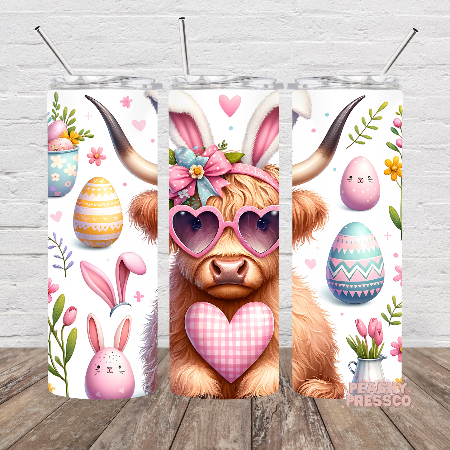 Easter Highland Cow Tumbler – Bunny Ears, Eggs & Heart Glasses