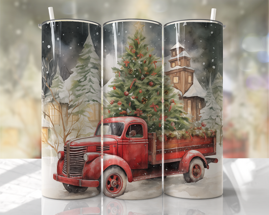 Vintage Red Truck Christmas Tumbler – Holiday Tree Winter Scene 20oz Cup
