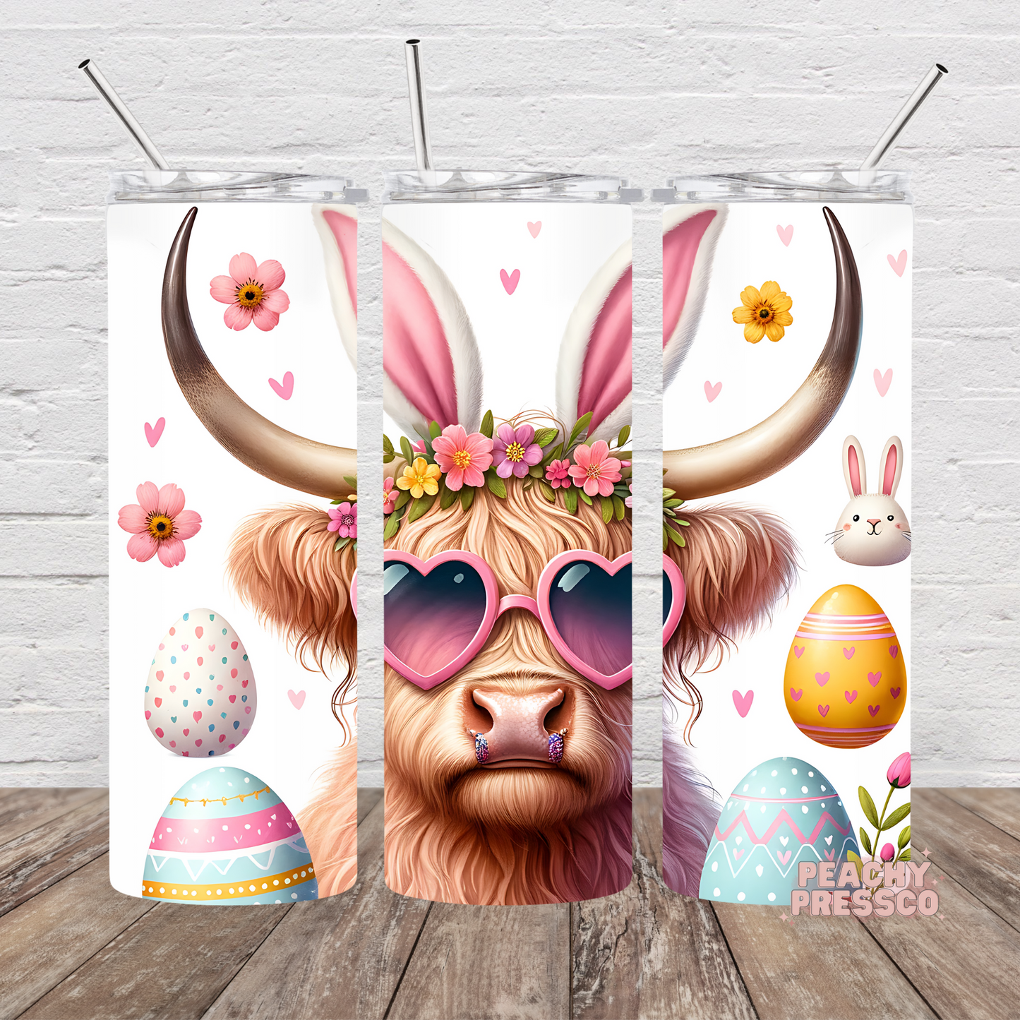 Easter Highland Cow Tumbler – Bunny Ears & Eggs