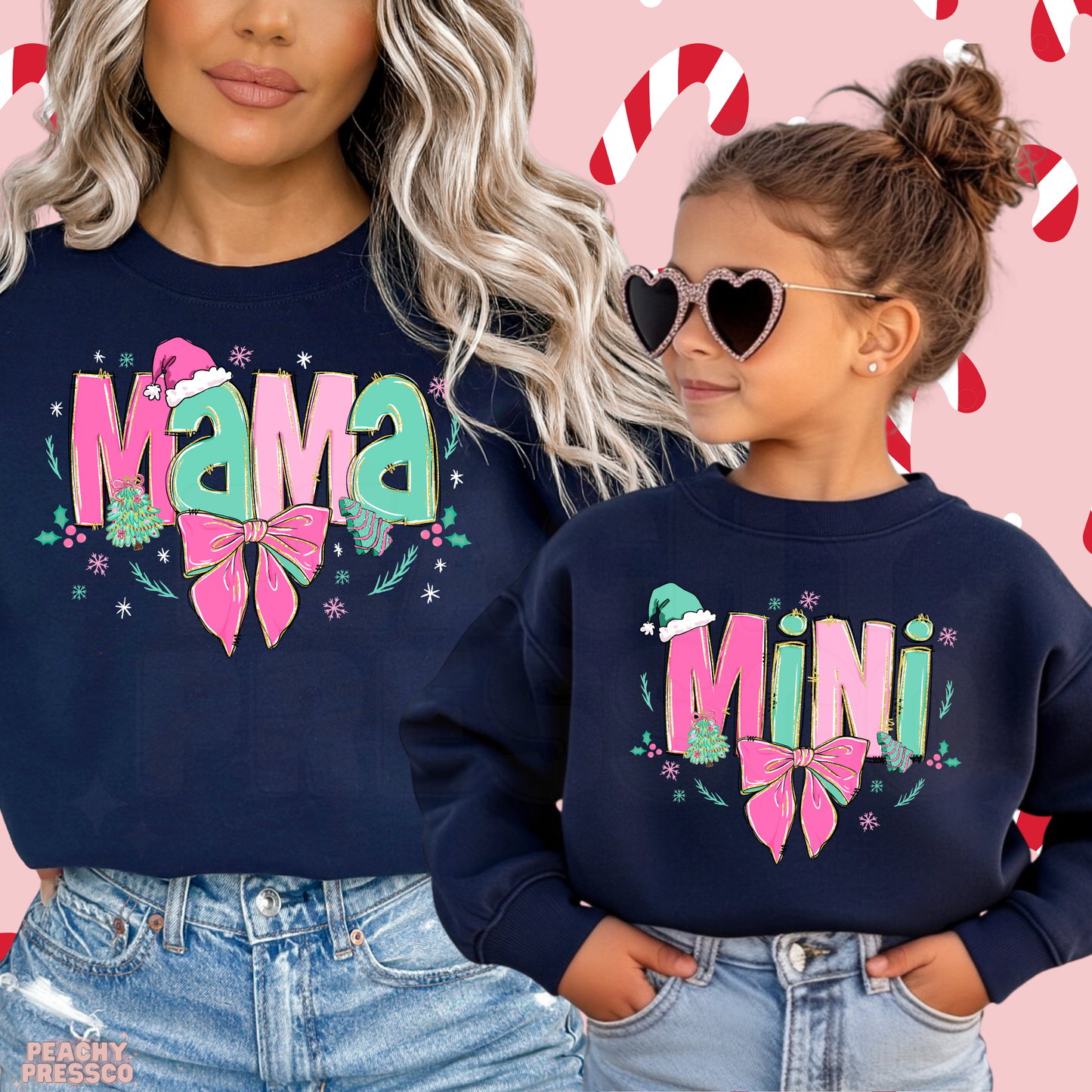 Cute Pink Bow Mama & Mini Christmas Sweatshirts | Matching Holiday Mom and Daughter, Apparel