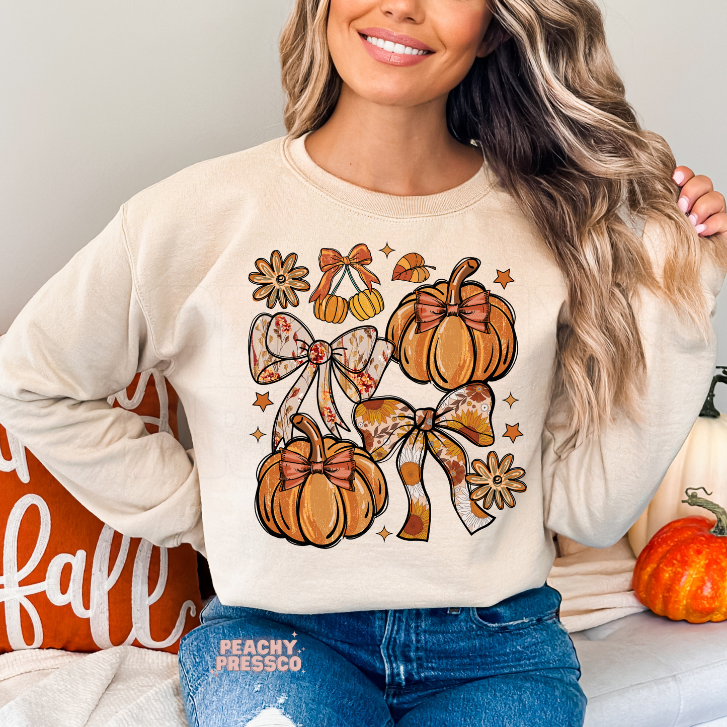 Pumpkin & Bow Cozy Fall Sweatshirt | Retro Autumn Aesthetic, Fall Apparel