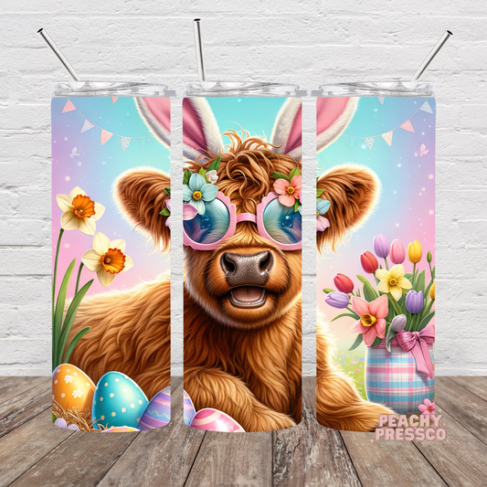 Happy Easter Highland Cow Tumbler – Floral Bunny Ears & Eggs Cup
