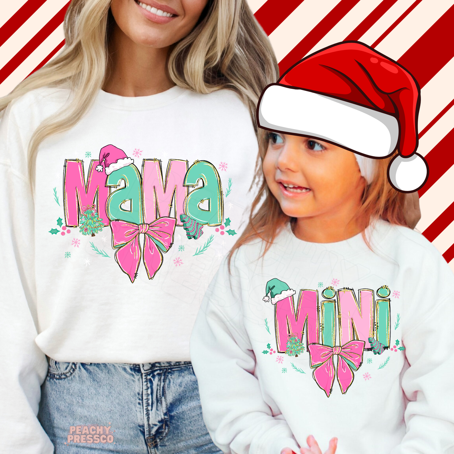 Cute Pink Bow Mama & Mini Christmas Sweatshirts | Matching Holiday Mom and Daughter, Apparel