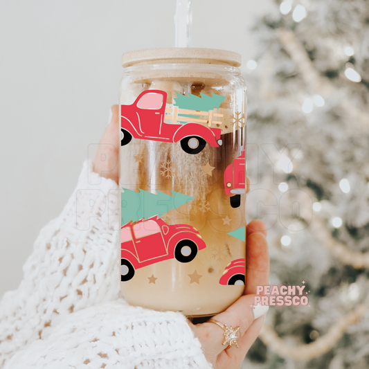 Christmas Truck Glass Cup – 16oz Holiday Tumbler with Vintage Red Truck & Tree Design