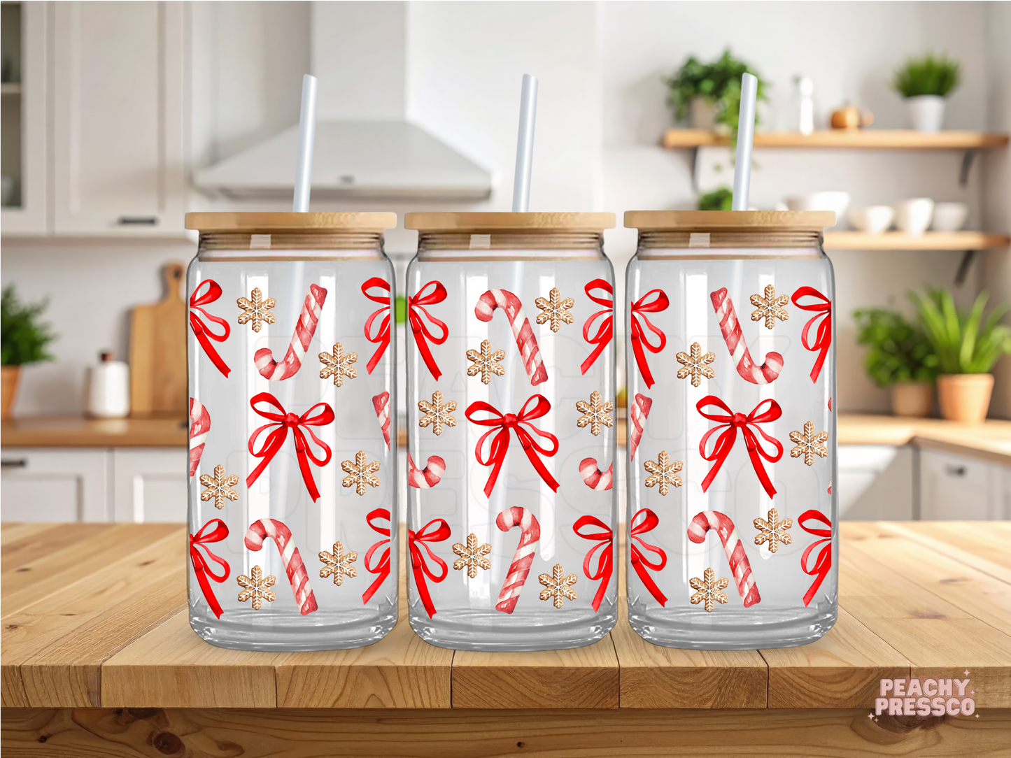 Candy Cane Christmas Glass Cup with Red Bows – Festive Holiday Drink Cup 16oz