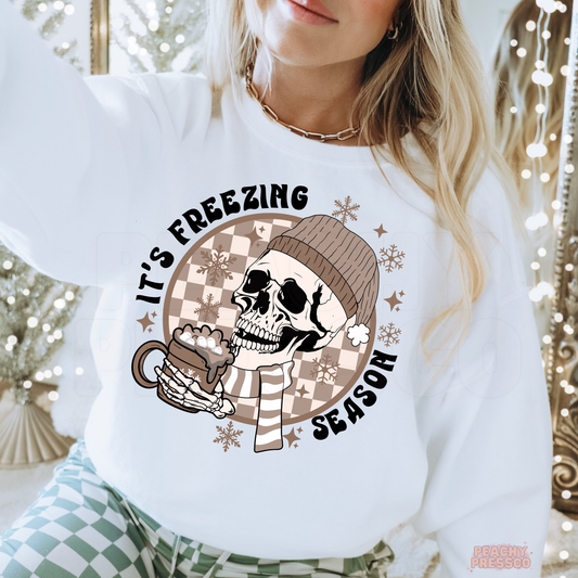 It’s Freezing Season Sweatshirt | Cozy Winter Skull & Cocoa, Holiday Apparel