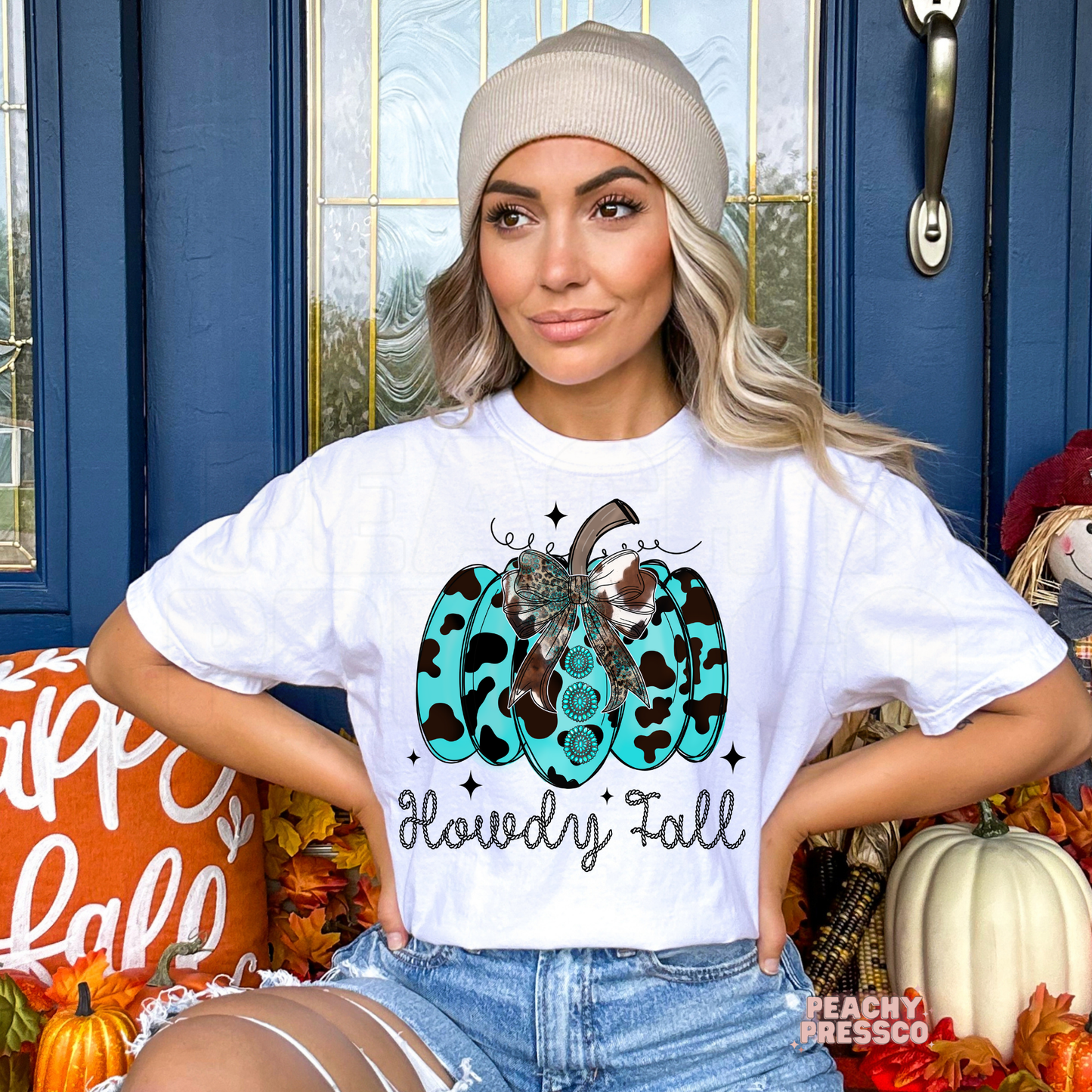 Howdy Fall Sweatshirt, Turquoise Cowprint Pumpkin Fall Apparel