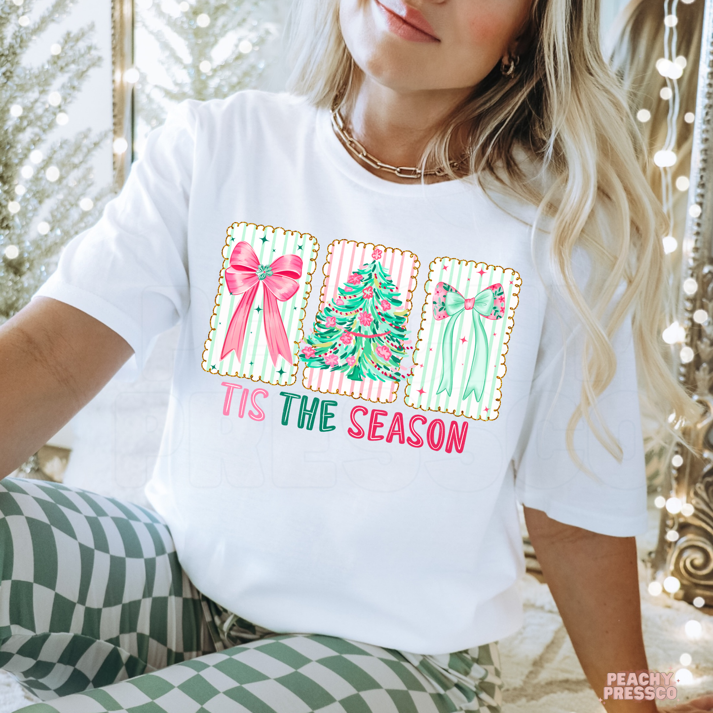 Tis The Season Christmas Cookies Shirt | Cute Pink Bow & Tree Holiday Apparel
